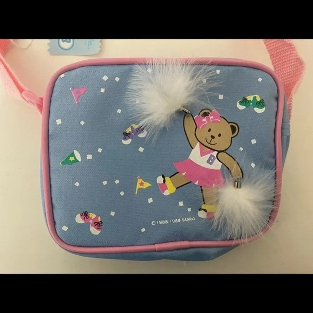 Vintage 1989 Sanrio Cheerleader Teddy Bear Mini Purse Feather Pom Pom Blue NWT